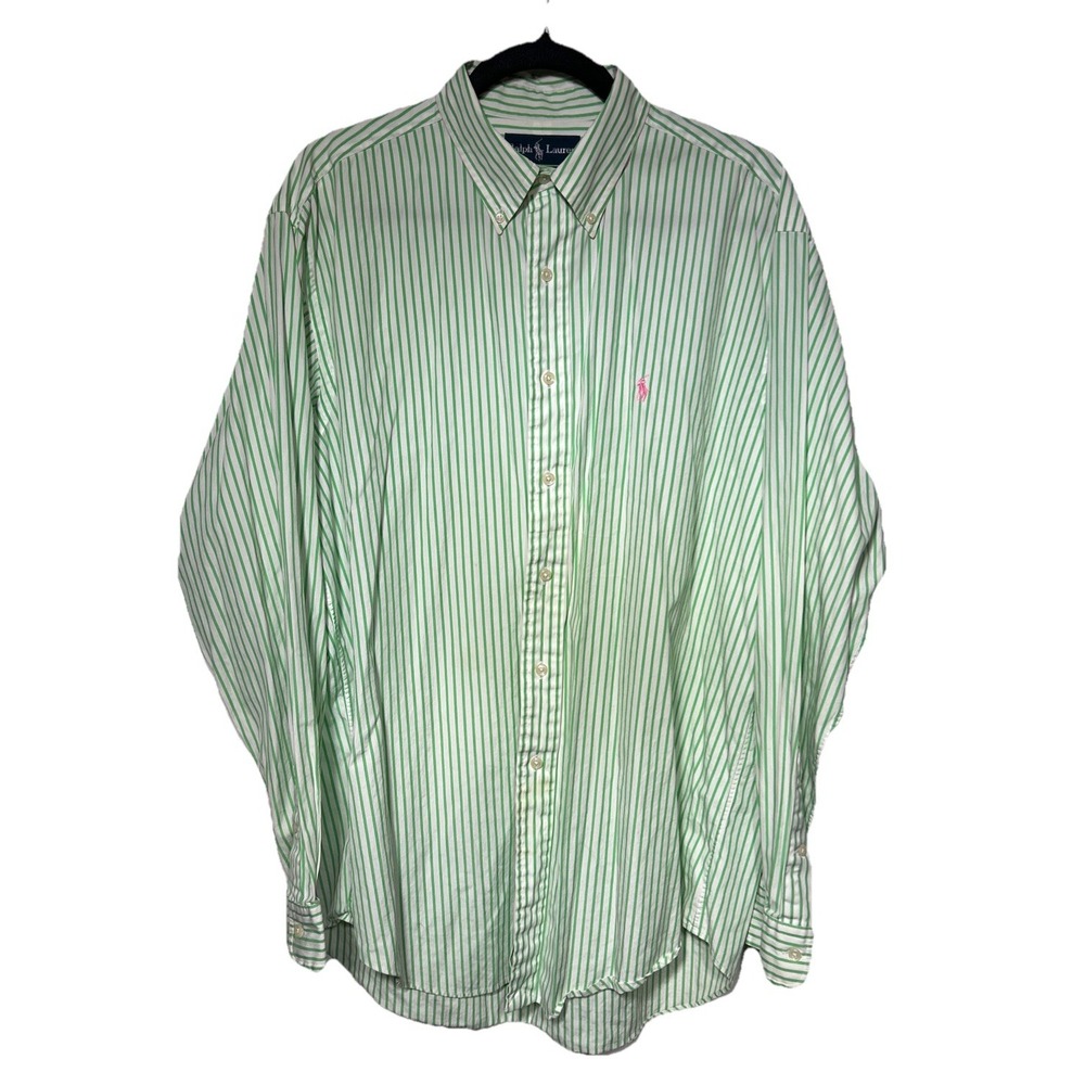 Polo Ralph Lauren VTG Classic Fit Shirt Green White Stripe Pink Pony Size 16.5 L